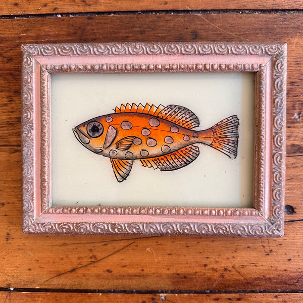 Vintage Glass Framed Painting Sea Animals - Orange Fish Small with pink frame