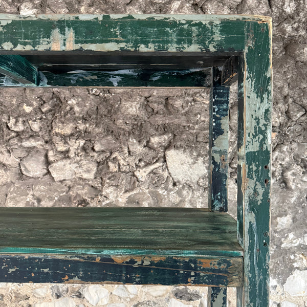 Vintage Indian Painted Green Shelving Unit Close up