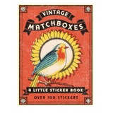 Vintage matchbox sticker book cover featuring a colorful bird illustration on a red-orange background with yellow sunflower elements and black banner text reading 'VINTAGE MATCHBOXES' and 'A LITTLE STICKER BOOK'.