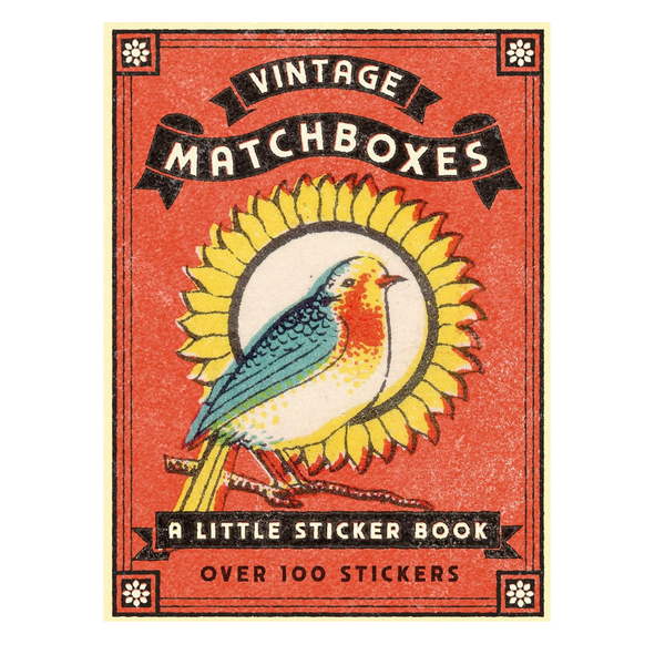 Vintage matchbox sticker book cover featuring a colorful bird illustration on a red-orange background with yellow sunflower elements and black banner text reading 'VINTAGE MATCHBOXES' and 'A LITTLE STICKER BOOK'.