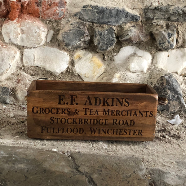 Vintage Style E F Adkins Wooden Box - Rope Handle Small Front