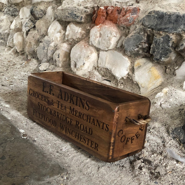 Vintage Style E F Adkins Wooden Box - Rope Handle Small Side