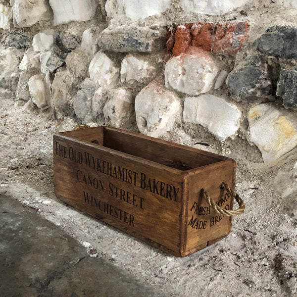 Vintage Style The Old Wykehamist Bakery Wooden Box - Rope Handle Small Side