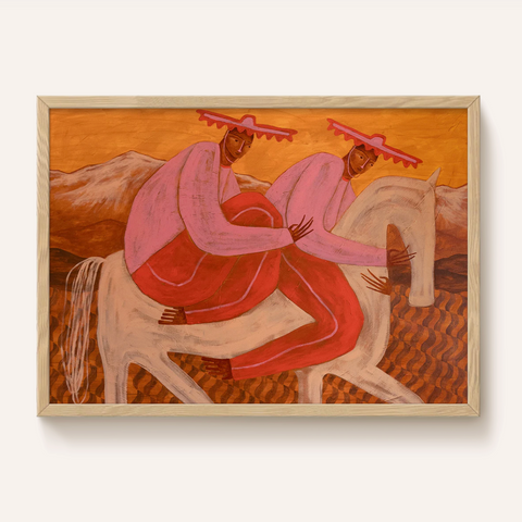 Artistic depiction of two figures on a horse with a wooden frame.