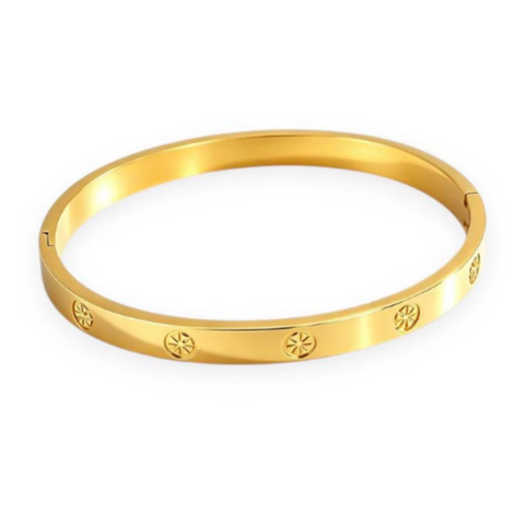 White Leaf Engraved Compass Bangle in Gold