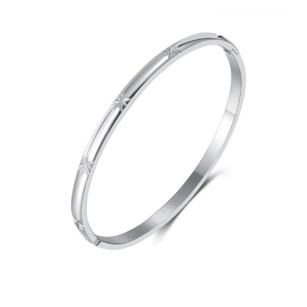 White Leaf Engraved Star Detail Bangle in Silver