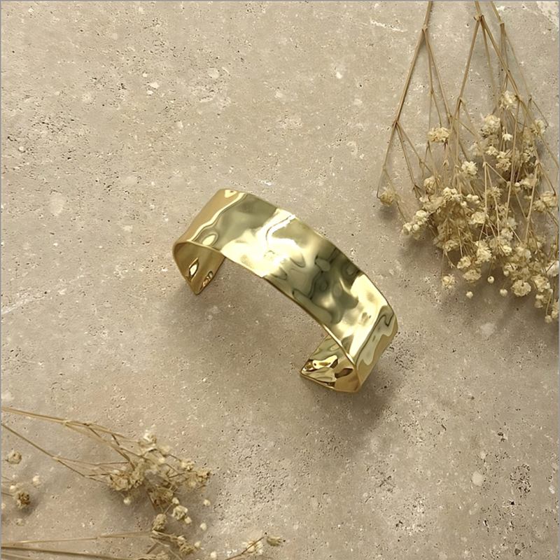 White Leaf Mishape Cuff Bracelet - Polished Gold
