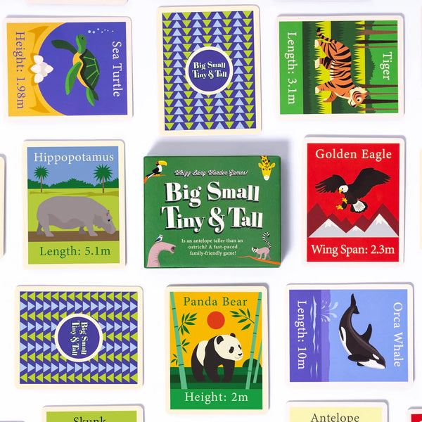 Educational cards with animal illustrations and measurements on a white background