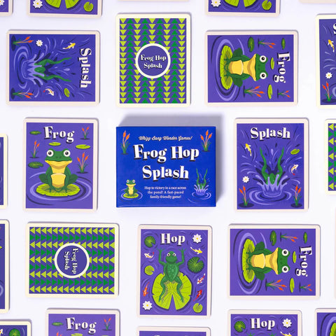 Collection of 'Frog Hop Splash' game cards with frog illustrations on a white background