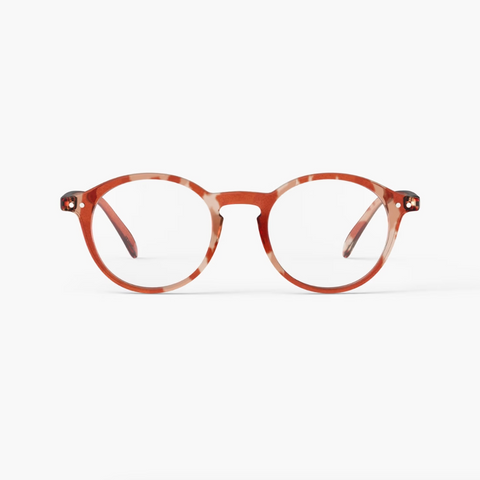 Round eyeglasses with a red and brown pattern on a white background