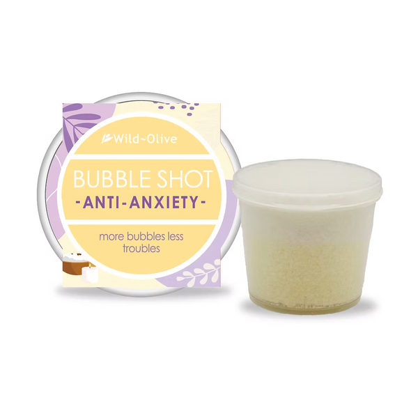 Bubble shot with 'Anti-Anxiety' label and Wild Olive packaging on a white background