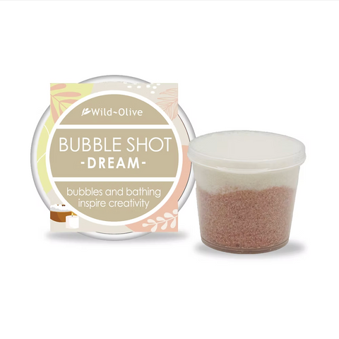 Bubble shot product with packaging labeled 'Dream' by Wild Olive on a white background