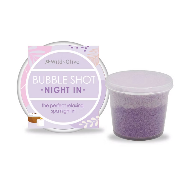 Bubble shot packaging with a purple container on a white background