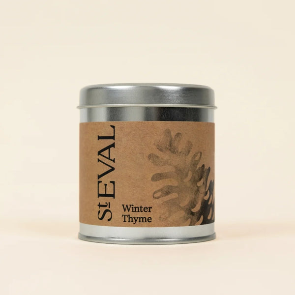 St. Eval Winter Thyme tea canister on a beige background