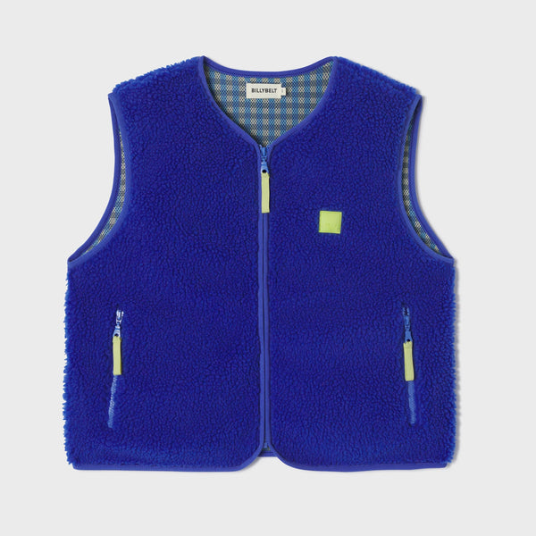 Blue fleece vest with yellow accents on a light gray background