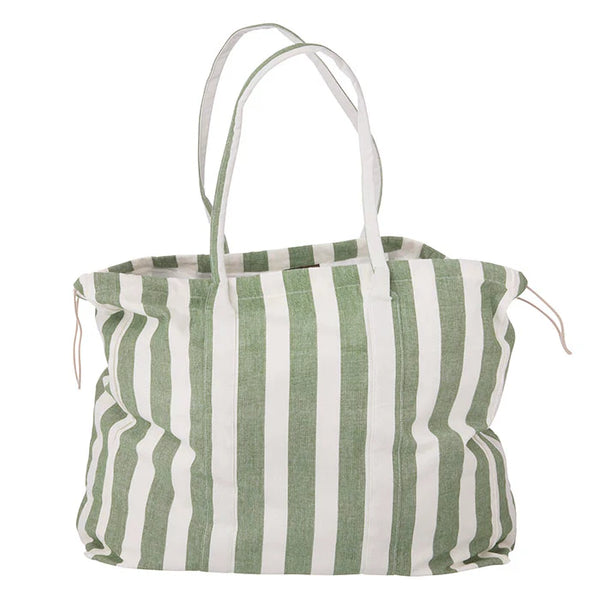 Green and white striped tote bag on a white background