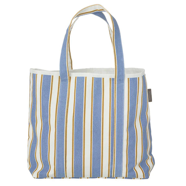 Striped tote bag with blue and white stripes on a white background