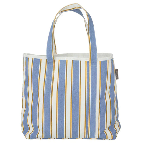 Striped tote bag with blue and white stripes on a white background