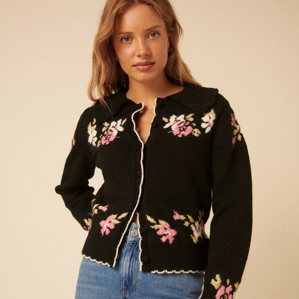 Nobody's Child Black Floral Jaquard Collared Cardigan