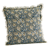 Printed Cushion With Fringes - Blue, Green, Off White