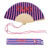 Striped fan with 'CIAO' text and matching carrying strap on a white background