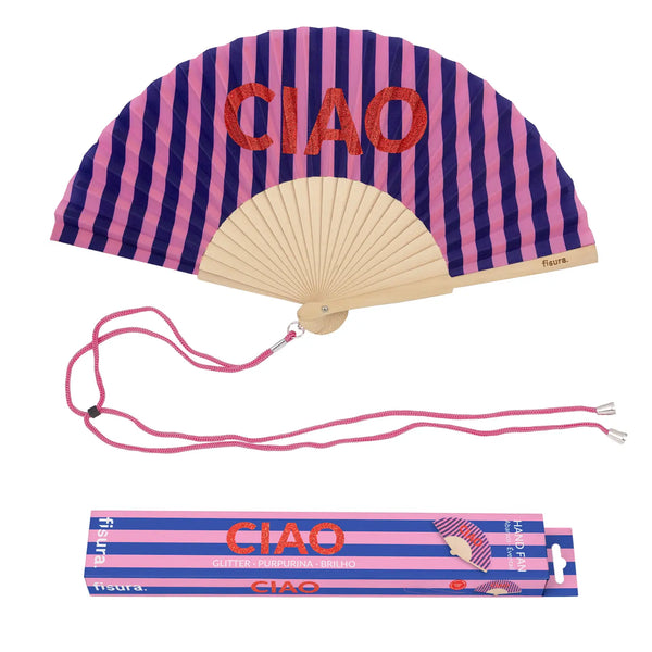 Striped fan with 'CIAO' text and matching carrying strap on a white background