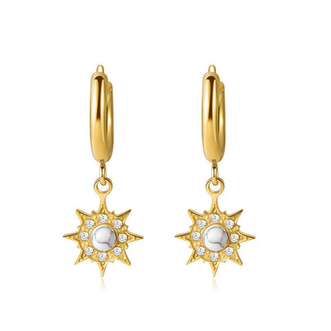 White Leaf Star Huggie Earrings -  White