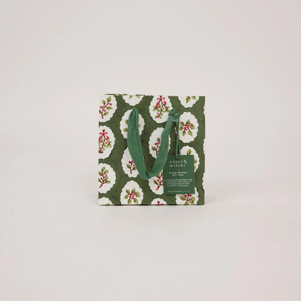 Hand Block Printed Gift Bags - Holly Green