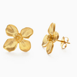 Gold flower-shaped earrings on a white background