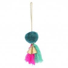 Bright 6cm Teal Pompom w 2 Tassels and Bells (Jade/Fuchsia)