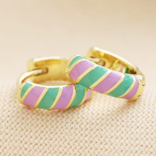 Lisa Angel Small Enamel Striped Huggie Hoop Earrings - Purple and Green