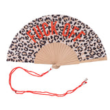 Leopard print fan with 'F**K OFF' text and red lanyard on a white background