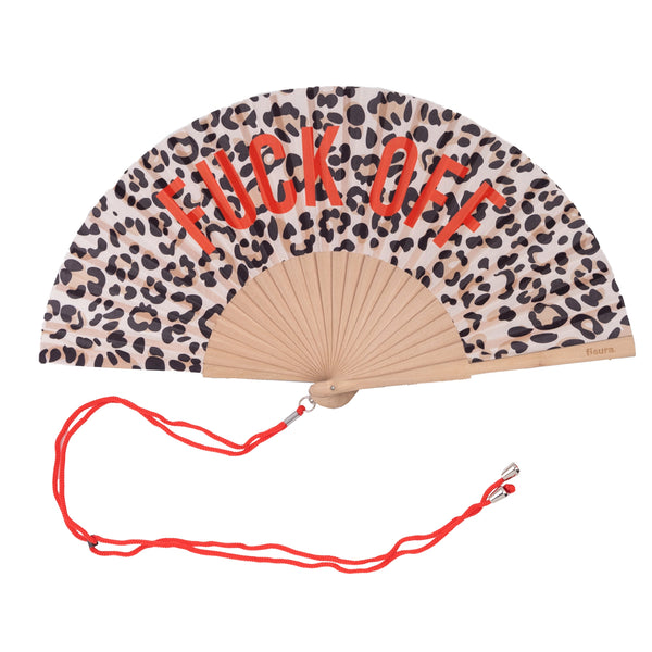 Leopard print fan with 'F**K OFF' text and red lanyard on a white background