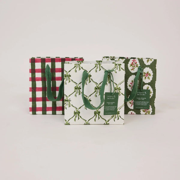 Hand Block Printed Gift Bags - Holly Green