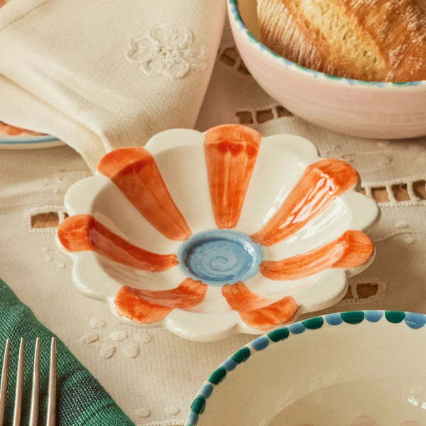Small Ceramic Dipping Bowl - Orange - Hand-Painted Stripes