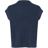 A navy blue short-sleeve knit top with a textured vertical cable pattern, shown from the back against a plain white background.