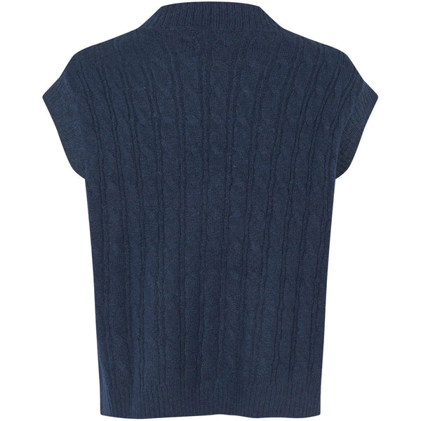 A navy blue short-sleeve knit top with a textured vertical cable pattern, shown from the back against a plain white background.