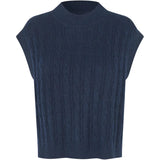 A navy blue cable-knit cropped sweater vest with cap sleeves, shown against a plain white background.