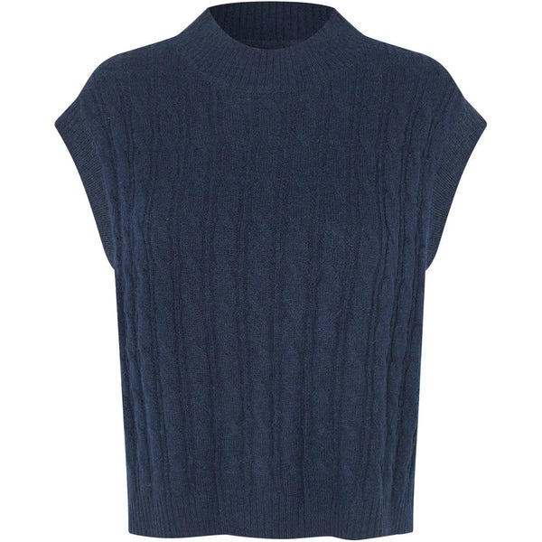 A navy blue cable-knit cropped sweater vest with cap sleeves, shown against a plain white background.