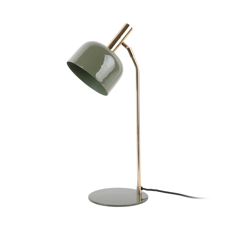 Modern floor lamp with green shade and gold arm on a white background
