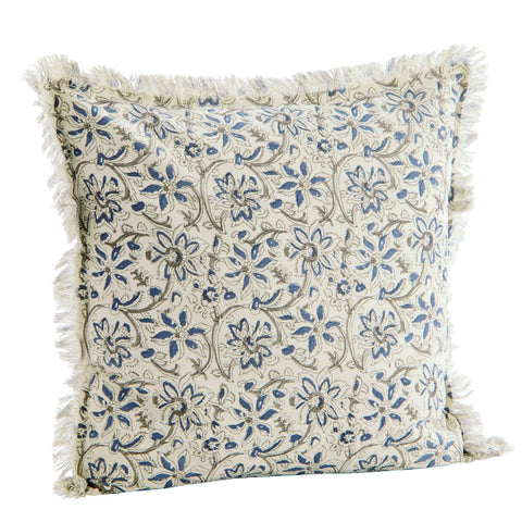 Printed Cushion With Fringes - Off White/Blue/Grey