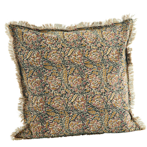 Printed Cushion With Fringes - Black/Mustard/Raspberry