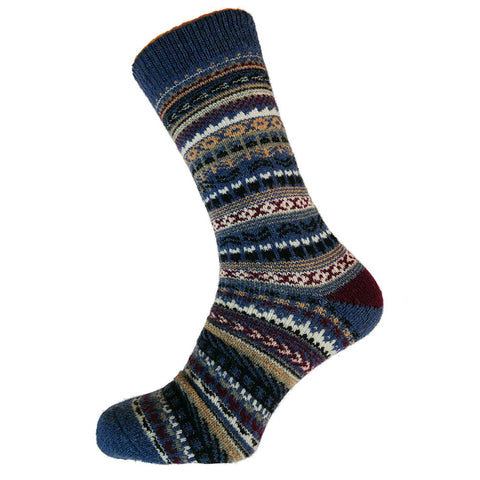 Gemjar Mens Light Blue, Black & Burgundy Nordic patterned wool blend socks