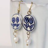 Silk Purse, Sows Ear Blue Delft Tulip Earrings With Freshwater Pearl - Yellow Gold
