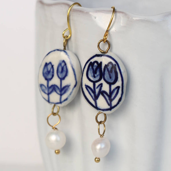 Silk Purse, Sows Ear Blue Delft Tulip Earrings With Freshwater Pearl - Yellow Gold
