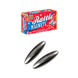 A box of Rattle Bells magnets above two metallic silver bullet-shaped magnets on a plain white background.