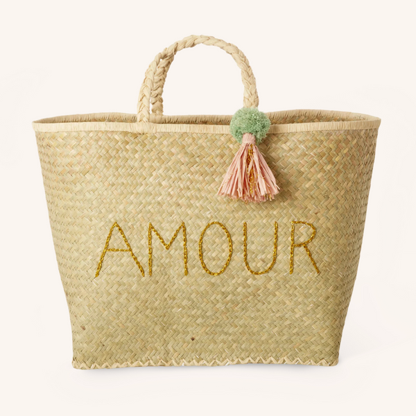Rice Large Raffia Bag – 'Amour' Gold Embroidery & Tassel