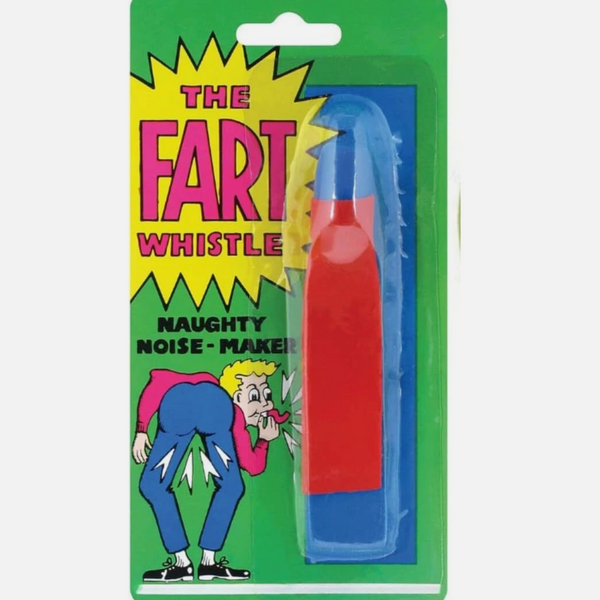 The Fart Whistle novelty toy in its original green blister card packaging, featuring a red and blue plastic whistle and humorous cartoon graphics.