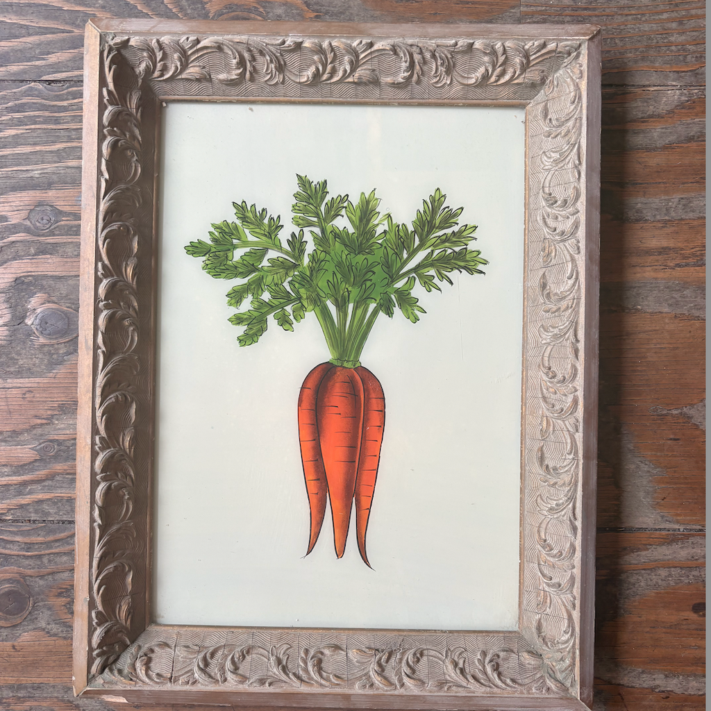 A framed vintage-style tulip artwork on a rustic wooden surface, with a Finder window overlay showing multiple image thumbnails and a Google Slides preview interface.
