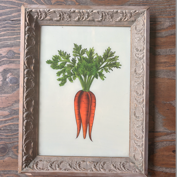 A framed vintage-style tulip artwork on a rustic wooden surface, with a Finder window overlay showing multiple image thumbnails and a Google Slides preview interface.
